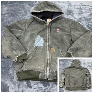 VTG Carhartt J130 MOS Fade Distressed Moss Green Jacket Mens XL Quilt Lined Hood